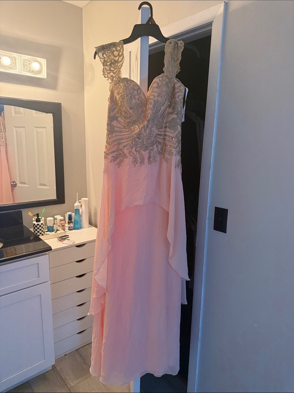 JJs House Pink Chiffon High-Low Gown with Gold Beaded Bodice